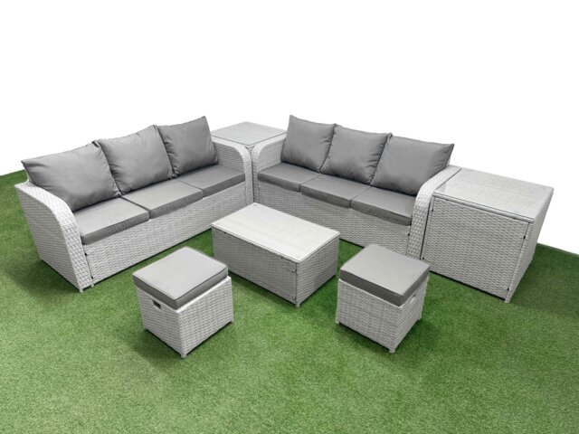 Fimous Outdoor Garden Furniture Sets 8 Seater Wicker Rattan Furniture Sofa Sets with Rectangular Coffee Table high Back Lounge Sofa Stools 2 Side Table Light Grey