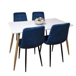 Modern Rectangle White Dining Table Set With 4 Blue Velvet Chairs Dining Room Furniture