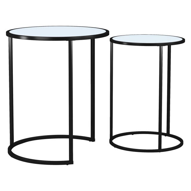 2 Piece Round Nesting Side Tables Set Tempered Glass Top Metal Leg Coffee Tables Multi Black Legs White Glass