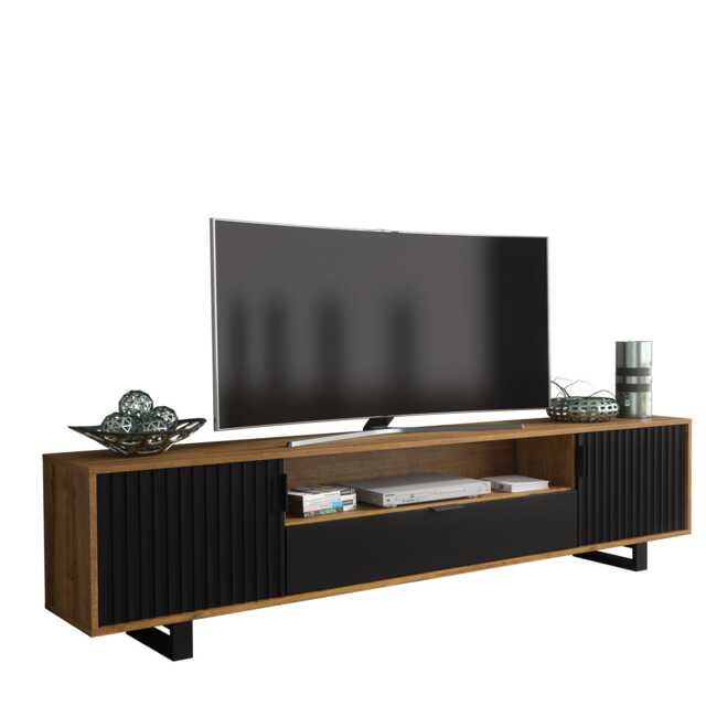 200cm TV Unit Oak Matt Body with Black Fluted Fronts Modern Media Cabinet with Drawer & Side Storage