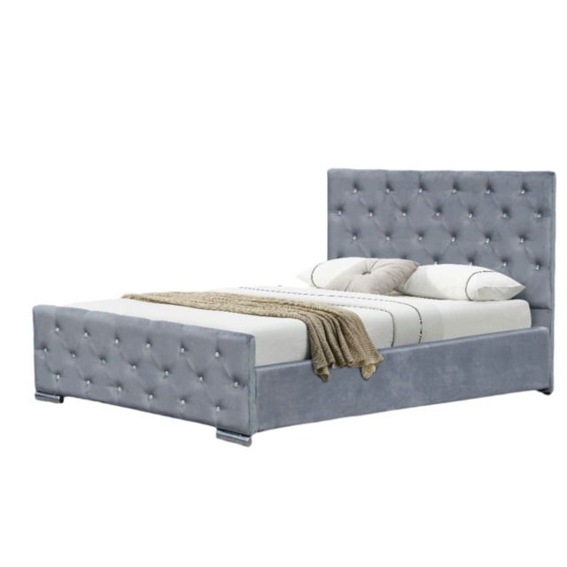 4ft6 Double Brushed Velvet Bed Chesterfield Sleigh Bed Frame In Grey
