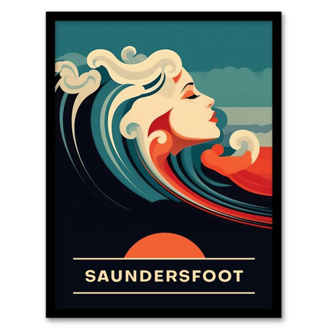 Saundersfoot Beach Wales Uk Sunset Woman Black Framed Wall Art Print A4
