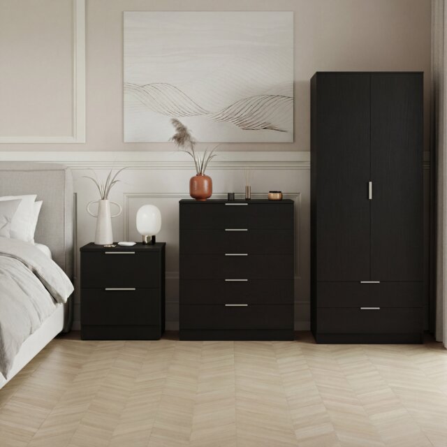 Vida Designs Trega 3 Piece Bedroom Set (2 Drawer Bedside Chest, 5 Drawer Chest, 2 Door 2 Drawer Wardrobe) Black