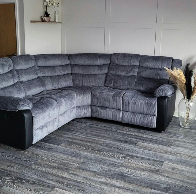 Roma 5 Seater Leather Recliner Corner Sofa Set Multi Grey Jumbo Cord & Black Aire Leather Trim Five Plus Seater