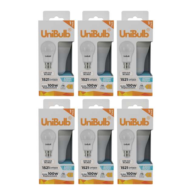 UniBulb LED GLS B22 Bayonet Cap (BC) 1521lm 12.6W (Replaces 100W) 6500K (Daylight) Light Bulb - Pack of 6