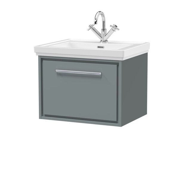 Balterley Modern Bathroom Wall Hung Single Drawer Vanity Unit with Fireclay Basin - Vanity Basin Units, 1 Tap Hole Grey Monument Grey 497 x 630 x 471mm