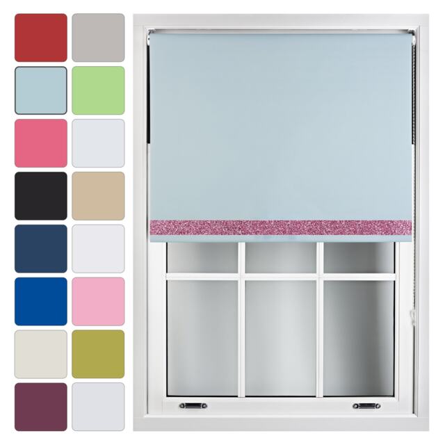 FURNISHED Blackout Roller Blinds with Pink Glitter Trim Made to Measure Blue Duck Egg Blue (W) 210cm x (L) 165cm