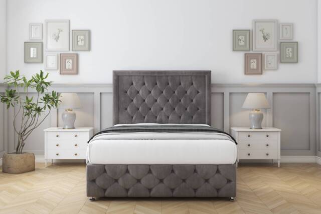 "Sloomy Vienna Slate Naples Divan Bed With Mattress 2 Drawers Right Side With 54"" Floor Standing Headboard & 12"" Matching Footboard 2'6 Small Single Grey Slate Small Single 1"
