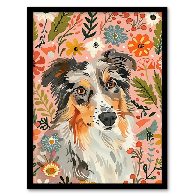 Australian Sheepdog Floral Portrait Watercolour Black Framed Wall Art Print A4