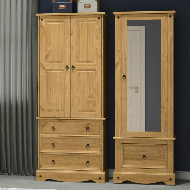 Corona Armoire with Mirrored Door and Drawer - Solid Wood Wardrobe with Hanging Rail and Storage Brown Brown One Size 1