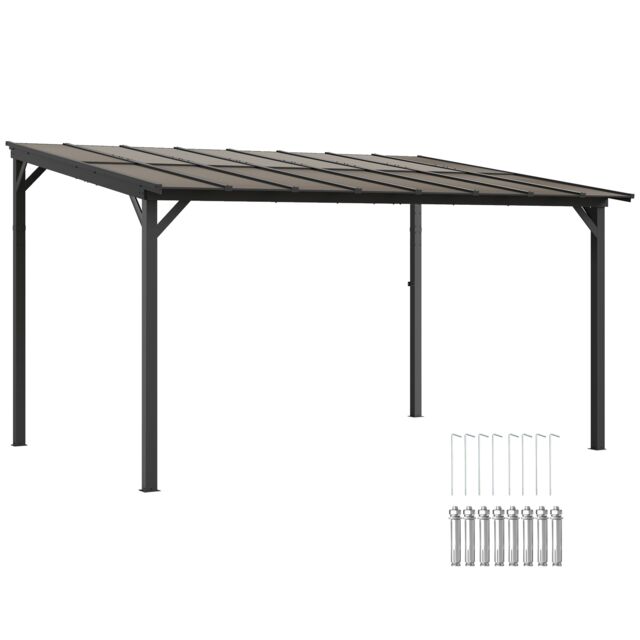 Outsunny 3 x 4.3m Metal Pergola with Waterproof Polycarbonate Roof, WallMounted or Free Standing Garden Gazebo, Windresistant Outdoor Sun Shade, Dark Grey Grey