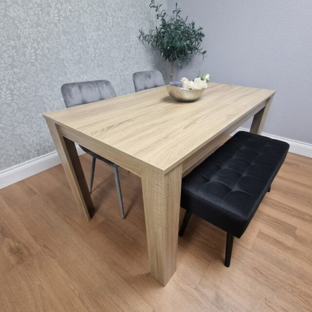 Oak Effect Dining Table Set With 2 Grey Velvet Chairs And 1 Black Bench Dining Room Furniture