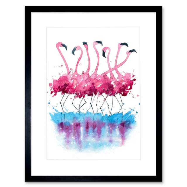 "Pink Flamingo Bird Salt Lake Dance Watercolour 9x7"" Black Framed Wall Art Print"