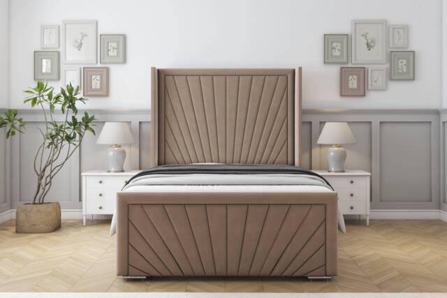 "Sloomy Rutherford Mink Plush Bed Frame With Mattress With 50"" Upholstered Wingback Headboard 6' Super King"