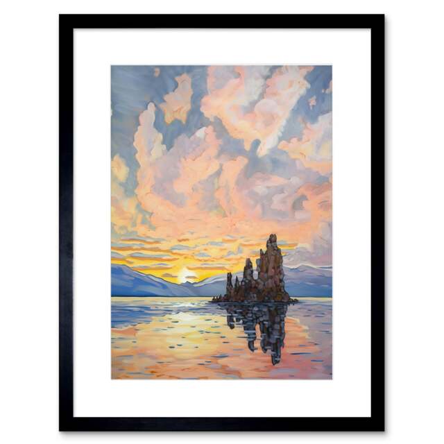 "Sunrise Atmospheric Clouds Mono Lake Mountain Landscape 9x7"" Black Framed Wall Art Print"
