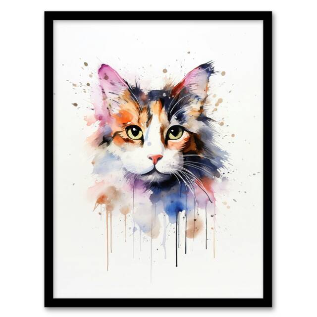 Cat Calico Watercolour Pet Portrait Home Decor Black Framed Wall Art Print A4