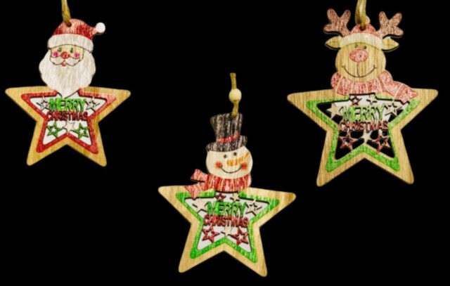 Christmas Tree Ornaments Wooden Aesthetic Hanging Decorations Painted Stars 3Pcs