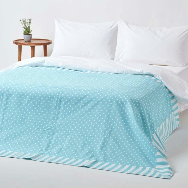 Homescapes Cotton Blue Polka Dots and Stripes Sofa Throw - 150 x 200 cm Blue 1