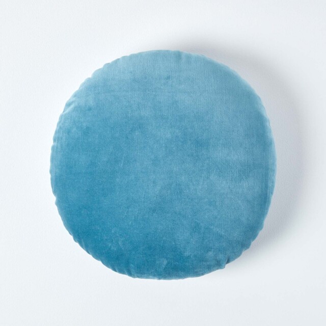 Homescapes Blue Velvet Cushion - 40 cm Round Blue Blue 1