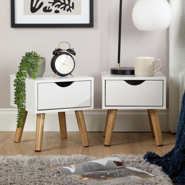 Bedside Cabinet White 1 Drawer Bedroom Side Table For Storage Wooden Legs Modern