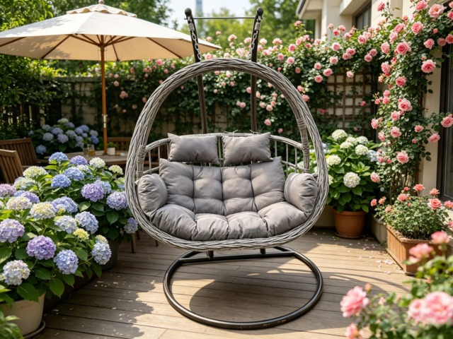 Fimous Rattan Hammock Garden 2 Person Hanging Egg Chair Indoor Outdoor Patio Furniture with Grey Cushion
