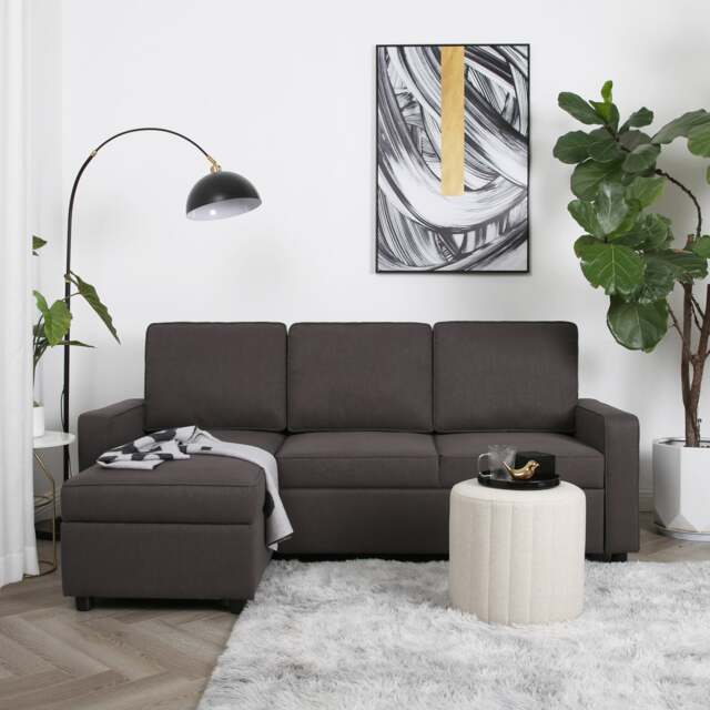 Selene - Corner Sofa Bed in Dark Grey Linen - Pull-out Sofa