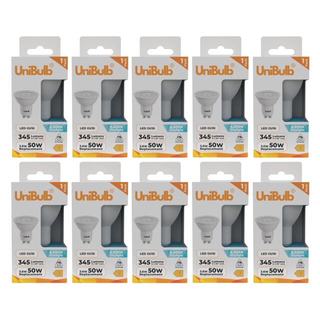 UniBulb LED GU10 345lm 3.6W (Replaces 50W) 6500K (Daylight) Spotlight Downlight Light Bulb - Pack of 10
