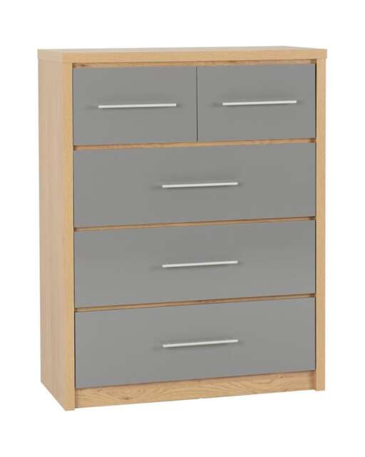 Seville 3+2 Drawer Chest - L39.5 x W85 x H110.5 cm - Grey High Gloss/Light Oak Effect Veneer