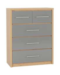 Seville 3+2 Drawer Chest - L39.5 x W85 x H110.5 cm - Grey High Gloss/Light Oak Effect Veneer