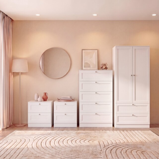 Vida Designs Altino 4 Piece Bedroom Set (2x 2 Drawer Bedside, 5 Drawer Chest, 2 Door 2 Drawer Wardrobe), White