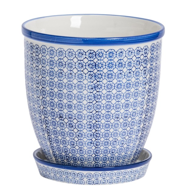 Nicola Spring Hand Printed Plant Pot with Saucer - 22cm - Navy Blue Navy