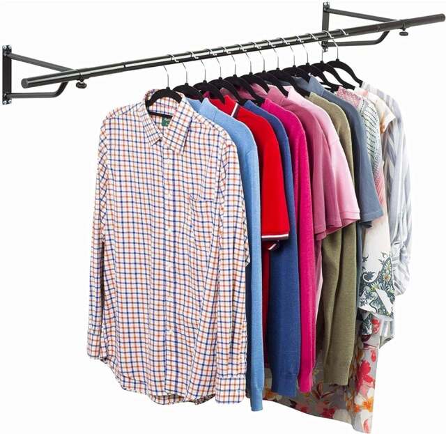 House of Home 4ft Clothes Rail Black Wall Mounted Garment Hanging Wardrobe Rack Storage