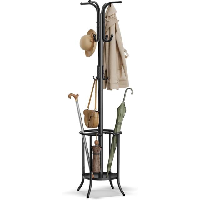Tall Metal Coat Stand with Umbrella Base and Hooks, Entryway Organizer, Ink Black