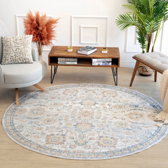 LIVABLISS Lillian-Washable Traditional Vintage Boho Round Rug Ø200 cm Grey Yellow Blue