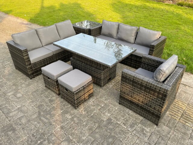 Fimous 9 Seater Outdoor Rattan Sofa Set Adjustable Rising Lifting Side Tables Chairs Footstool Dark Grey Mixed