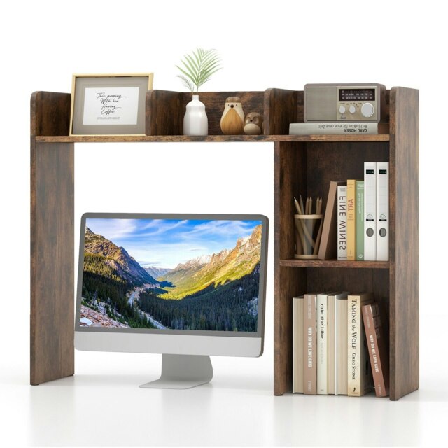 COSTWAY 3-Tier Desk Bookshelf Wooden Bookcase Organizer Brown Brown