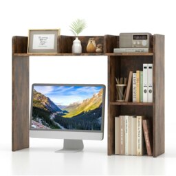 COSTWAY 3-Tier Desk Bookshelf Wooden Bookcase Organizer Brown Brown