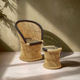 Orsina Handwoven Natural And Black Chair And Stool, Comfortable Rattan Design Armchair, Sustainable Bamboo Chair