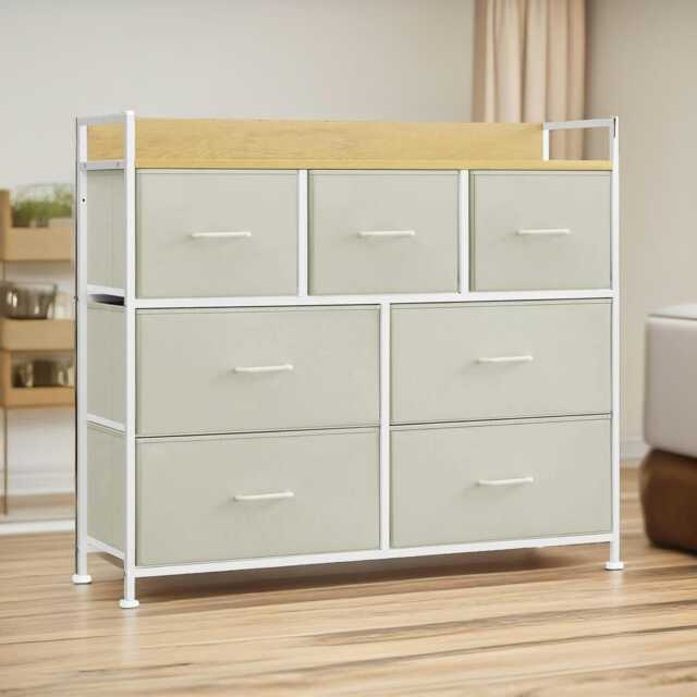Industrial Bedroom Chest With 7 Fabric Drawers Cream Cream