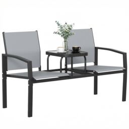 Outsunny Garden Love Seat with 2-Tier Table, 2 Seater Jack & Jill Loveseat Grey Grey, Black L