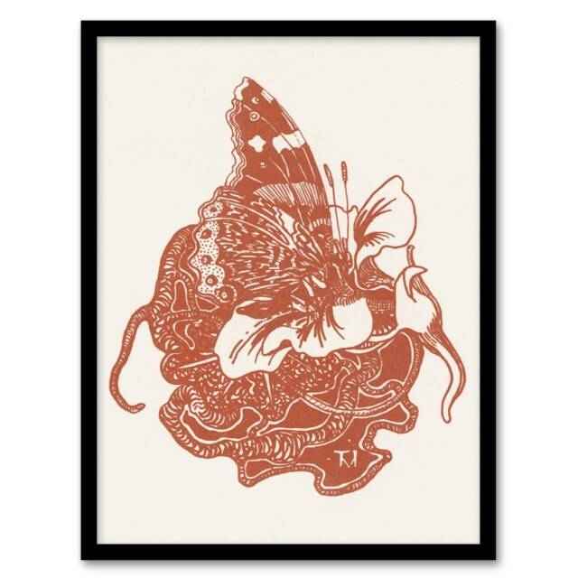 "Butterfly on Nasturtium Flower Vintage Framed Wall Art Print van Hoytema 12x16"""