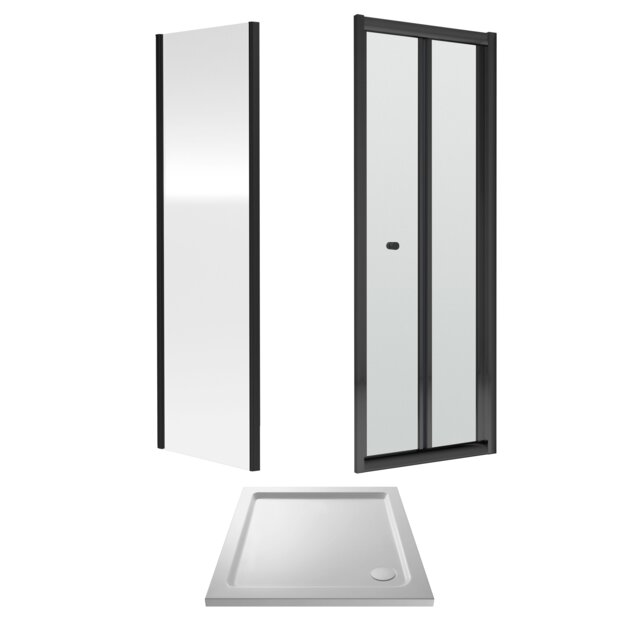 Balterley Square Bi-Fold Shower Suite & Safety Glass Door, Side Panel Tray Polished Frame & Tray Black Matt Black 3