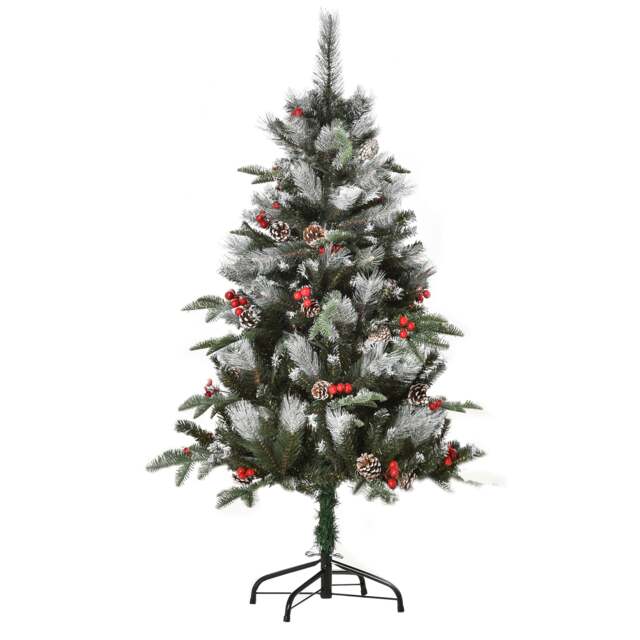HOMCOM 4FT Artificial Snow Dipped Christmas Tree mas Pencil Tree Holiday Home Party Decoration with Foldable Feet Red Berries White Pinecones, Green