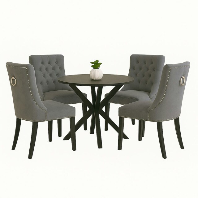 Grey Set of Four Studded Velvet Dining Chair with Ring Knocker Detail Grey Light Grey