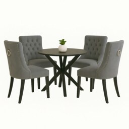 Grey Set of Four Studded Velvet Dining Chair with Ring Knocker Detail Grey Light Grey