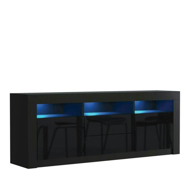 TV Unit 160cm Black Gloss Doors & Drawers Black Matt Body With LED Black One Size 1