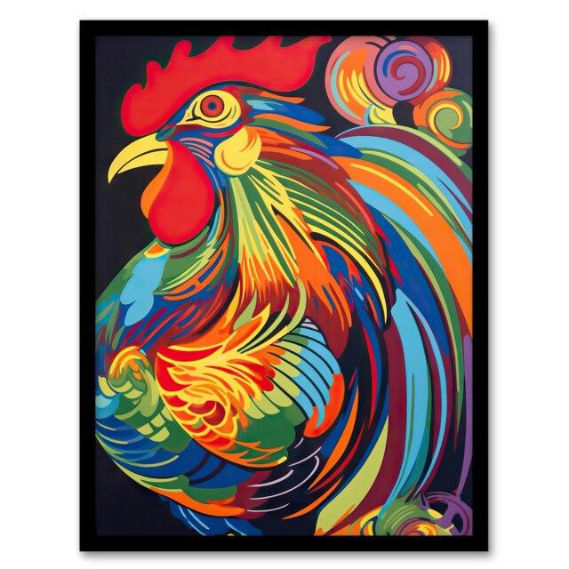 Cockerel Rooster Neon Colour Feathers Graphic Black Framed Wall Art Print A4