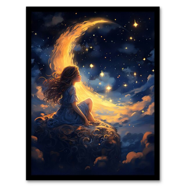Crescent Moon Dreams Whimsy Little Girls Black Framed Wall Art Print A4