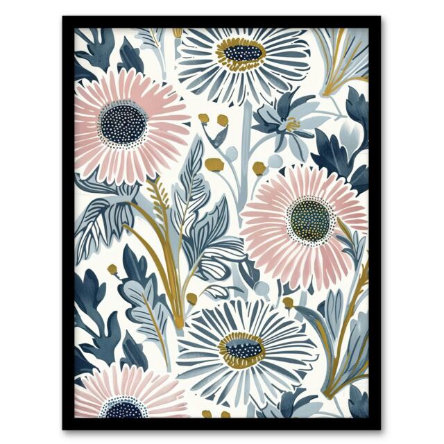 Pink Aster Wildflowers Bright Floral Black Framed Wall Art Print A4