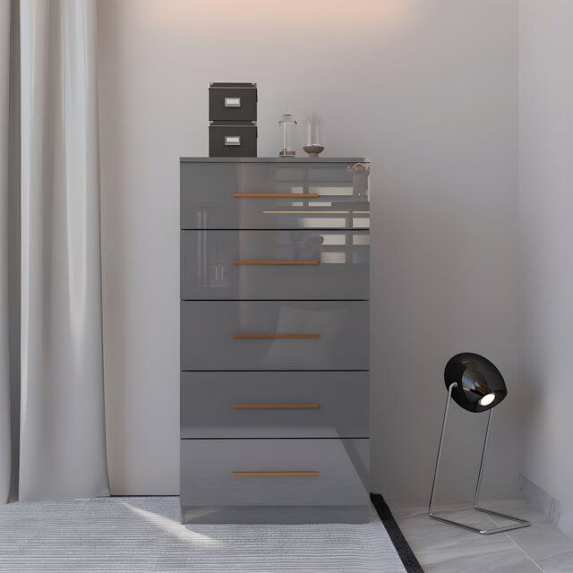 High Gloss Chest of Drawer Modern Bedroom Furniture Storage Cabinet with Handles-Grey 5 Drawers